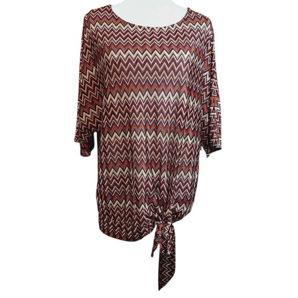 WORTHINGTON Chevron Zig Zag Top Blouse Large Brown Tones Neutral Artsy Career - Picture 8 of 10